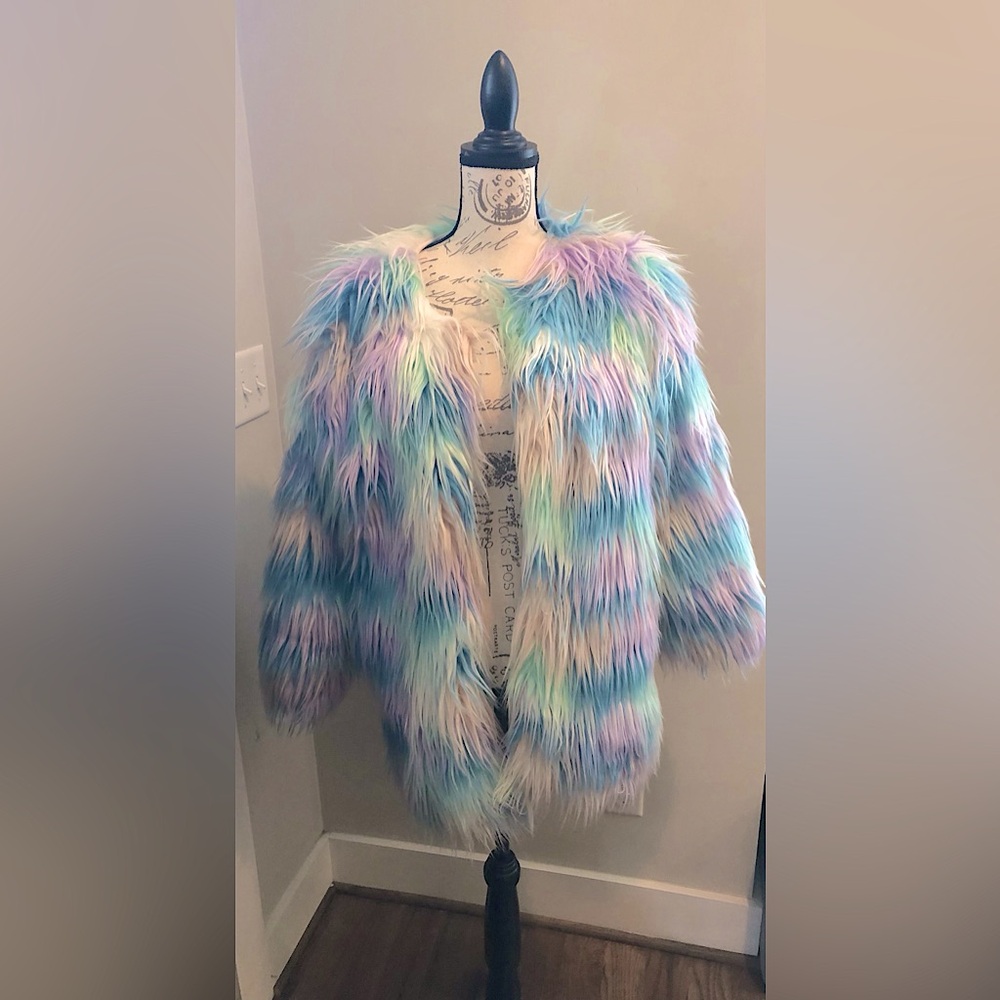 Pastel color-block shaggy faux fur coat XL